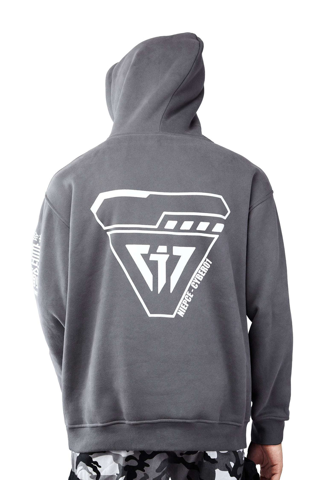 Niepce Cyber01 Hoodie with embroidered i-tech logo and Japanese kanji on grey fleece-lined cotton fabric
