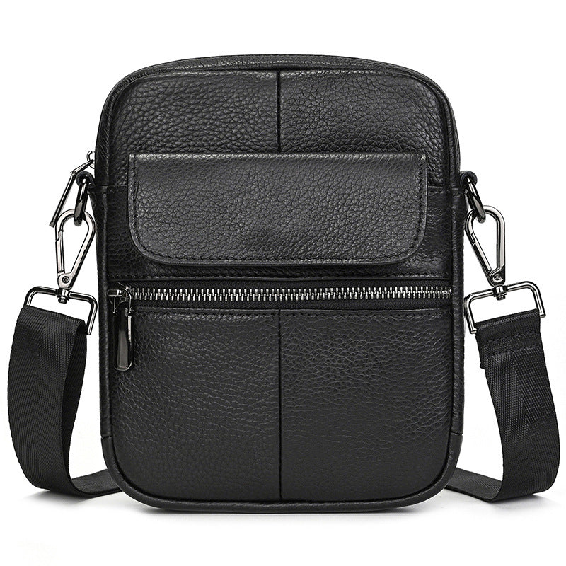 Mens genuine leather cowhide crossbody bag in black with cotton lining and compact design