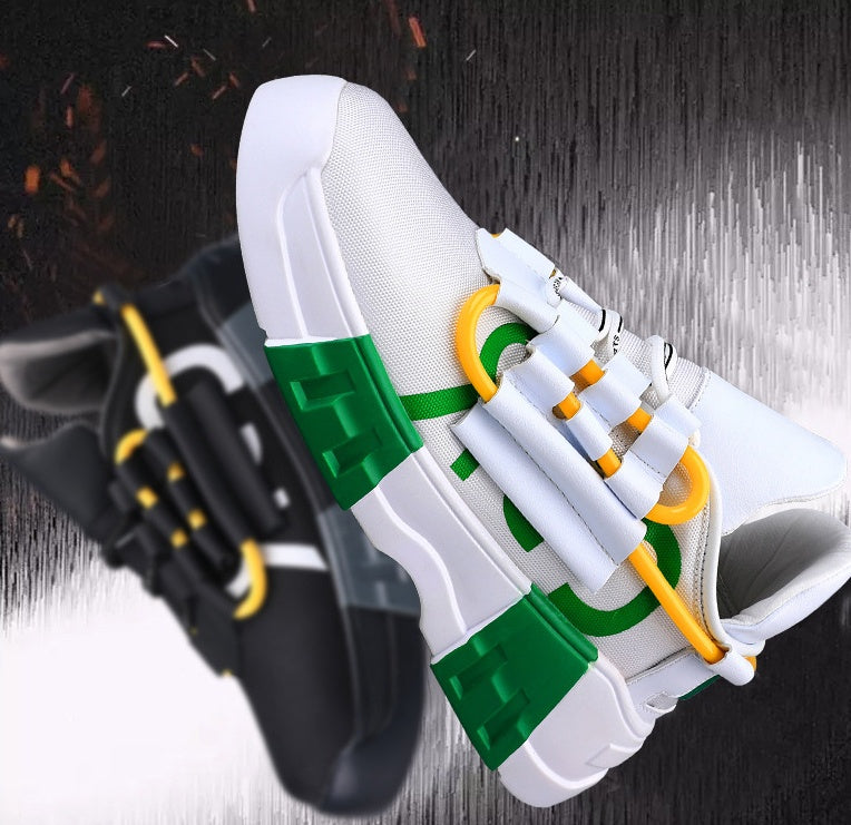 The Enigma black casual sneakers with front strap and breathable mesh for city walking
