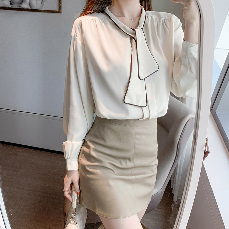 Loose Fit Apricot Chiffon Blouse Women Navy Contrast Collar Fashion Top