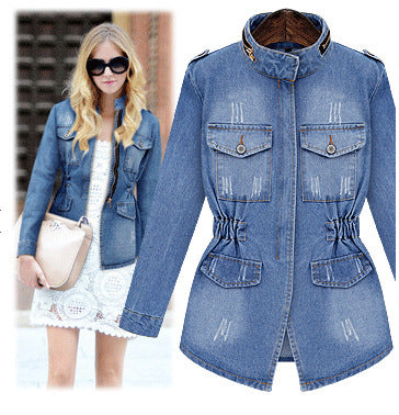Women's cinched slim fit denim jacket with tailored waist and structured polyester fabric