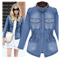Women's cinched slim fit denim jacket with tailored waist and structured polyester fabric