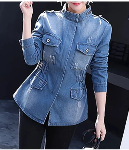 Women’s cinched slim fit denim jacket with tailored waist and structured polyester fiber design