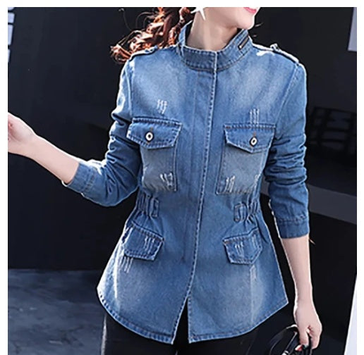 Women’s cinched slim fit denim jacket with tailored waist and stand-up collar on model