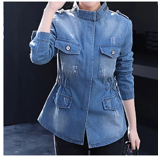 Women's cinched slim fit denim jacket with tailored waist and structured polyester fabric