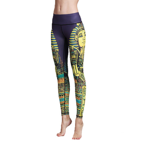 Woman wearing Queen. Skinny Stretch Yoga Pants in animal print, posing against white background