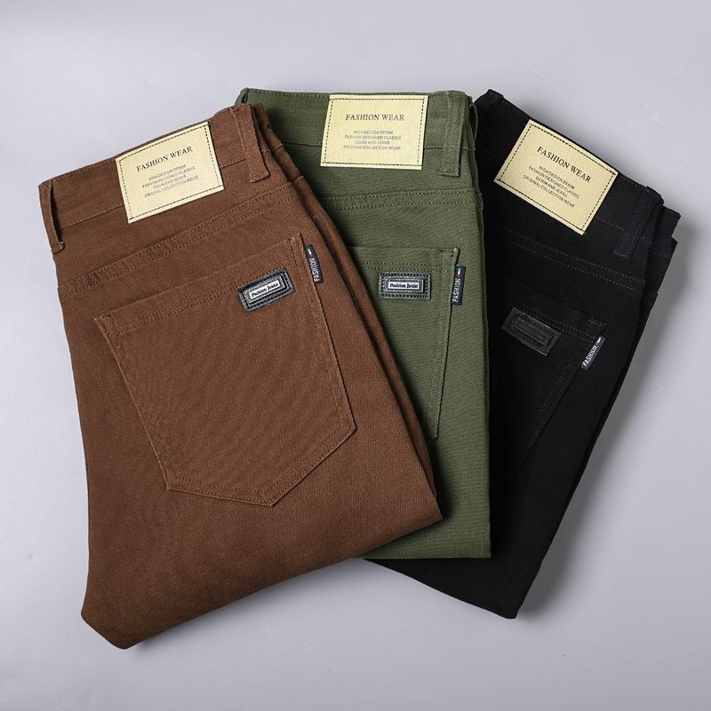 Conservative comfortable stretch office trousers in green, black, and brown with medium-elastic waistband and straight-leg silhouette