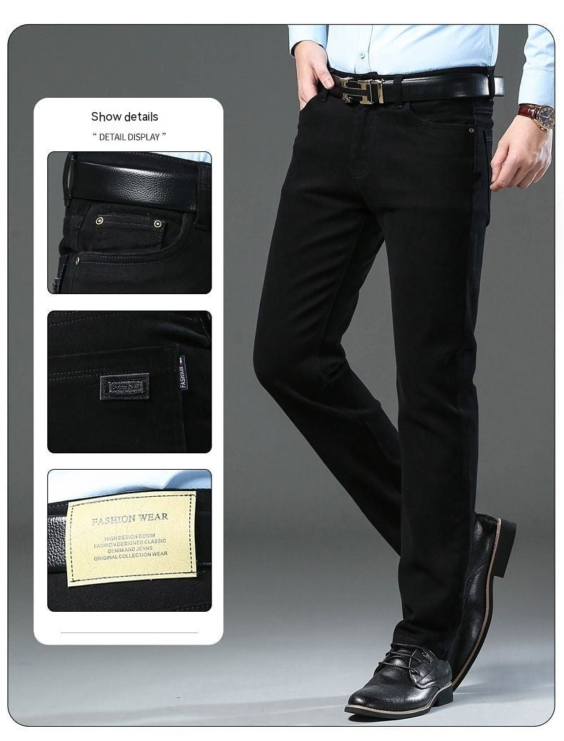 Conservative comfortable stretch office trousers in green, black, and brown with mid-rise and straight-leg design
