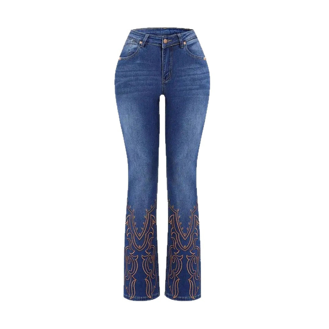 Womens retro beaded embroidered stretch denim jeans with mid-rise flare leg and reflective bead stitching