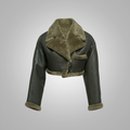 Green Women Aviator Flight Bomber Cropped Shearling Sheepskin Leather Jacket