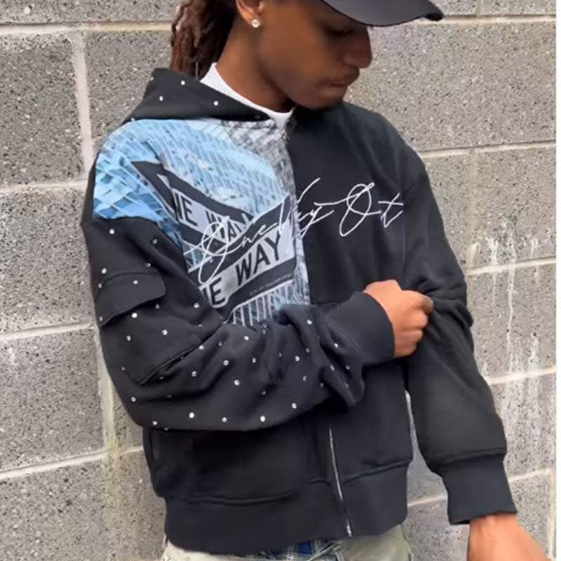 Men's black printed cartoon letter-printed hooded sweatshirt with loose fit and long sleeves
