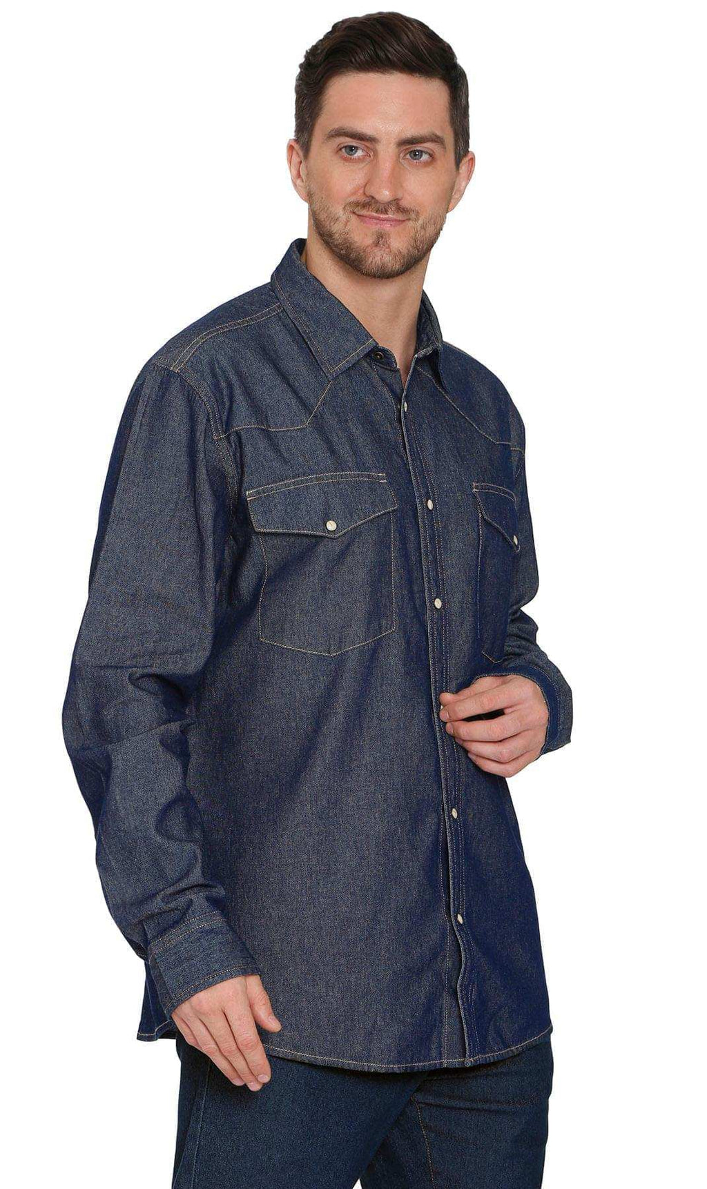 Men's western snap button shirt in denim and twill with stitched yoke and chest pockets