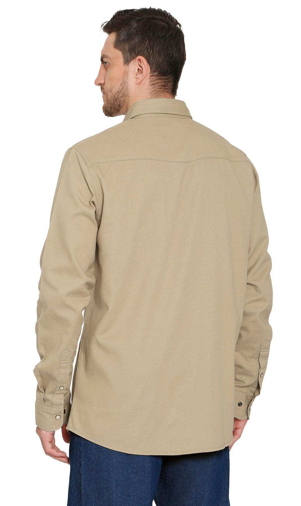 Men's Western snap button shirt in denim and twill with stitched yoke and dual chest pockets