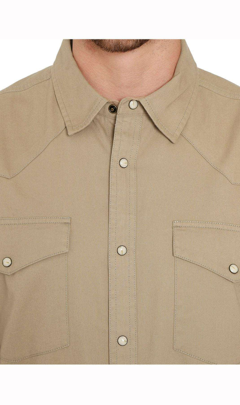 Men's western snap button shirt in denim and twill with stitched yoke and dual chest pockets