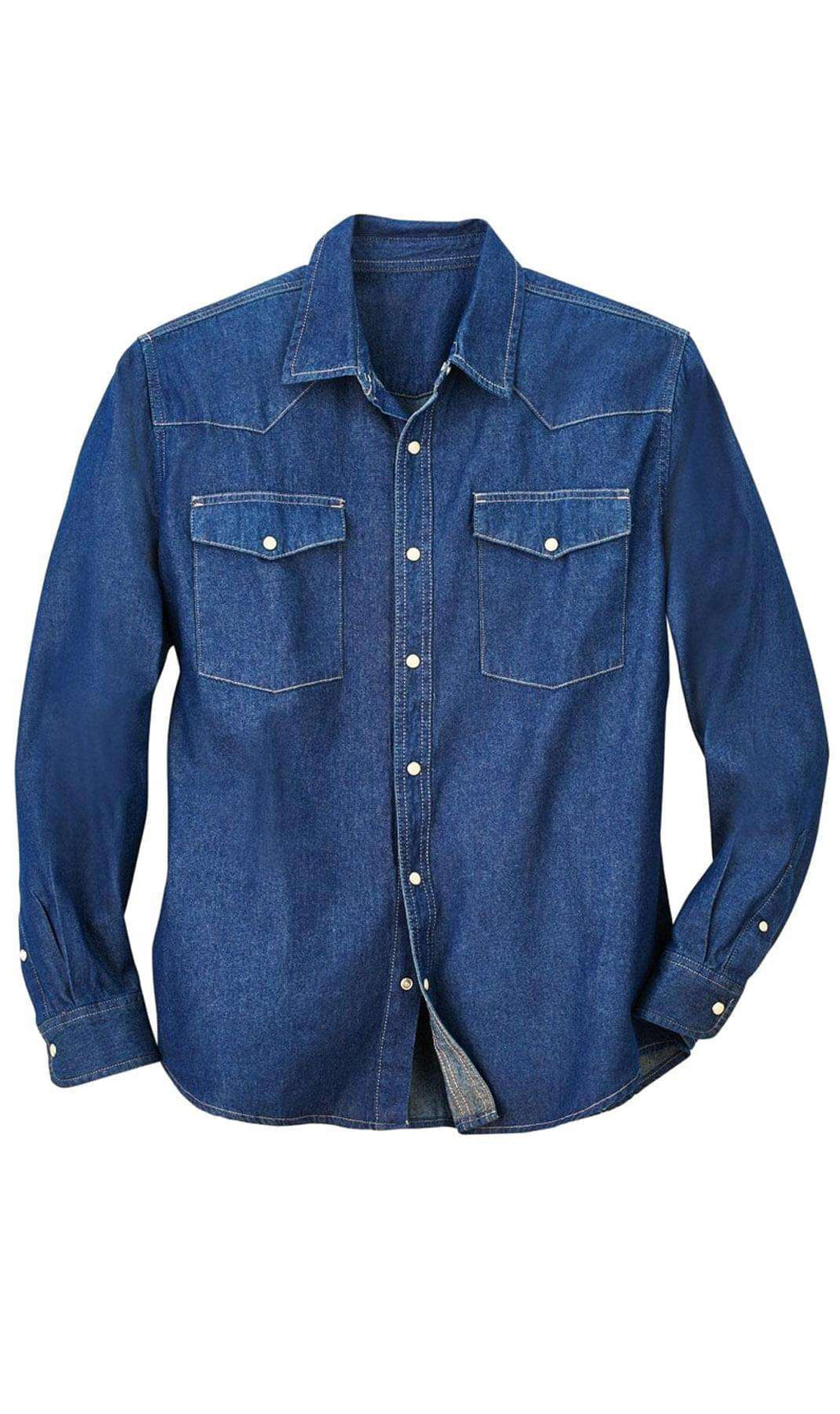 Men's western snap button shirt in denim and twill with stitched yoke and dual chest pockets