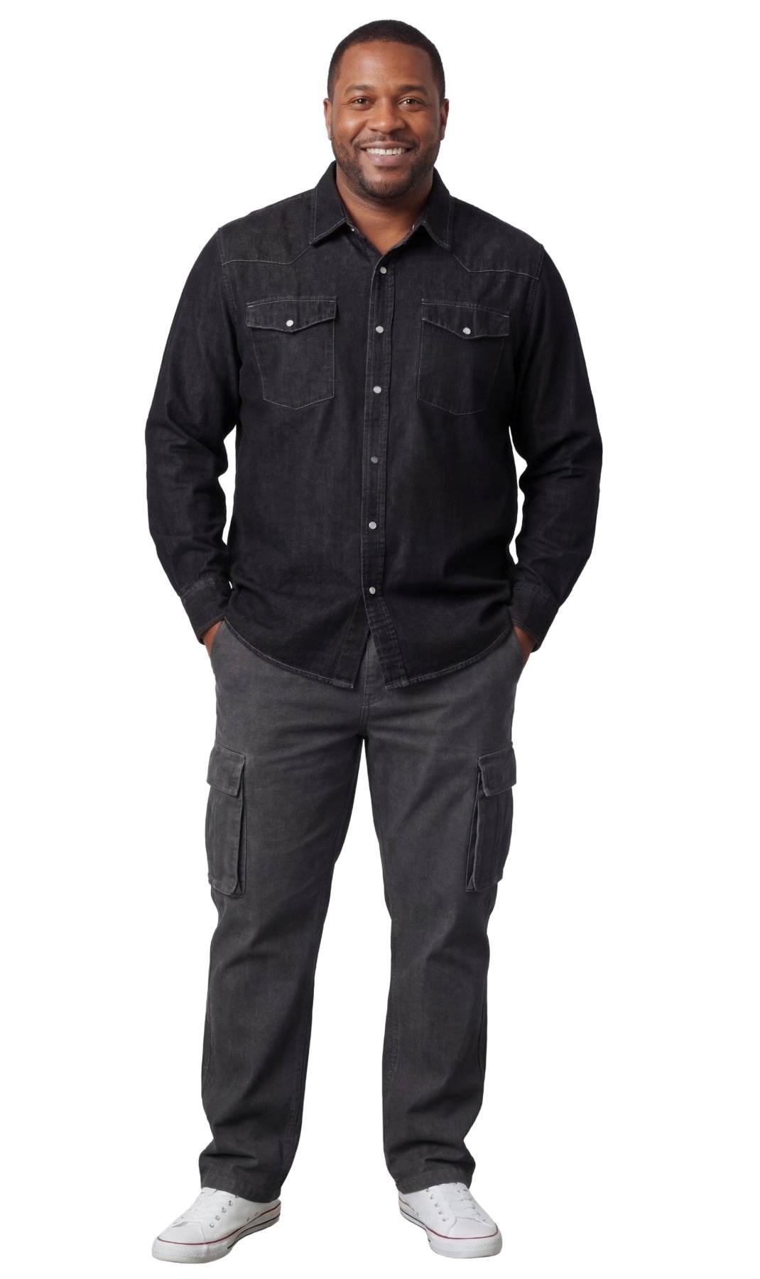 Men's Western snap button shirt made of denim and twill with stitched yoke and dual chest pockets