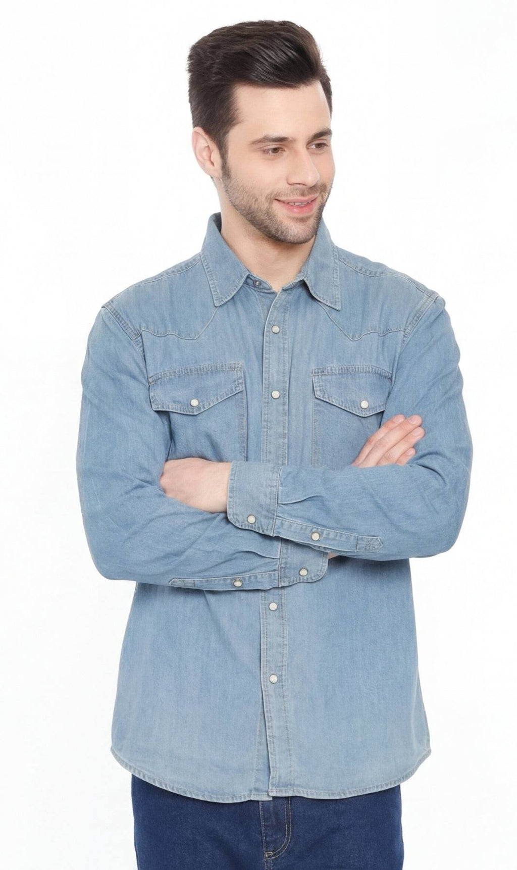 Men's western snap button shirt in denim and twill with stitched yoke and dual chest pockets