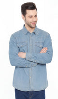 Men's western snap button shirt in denim and twill with stitched yoke and dual chest pockets