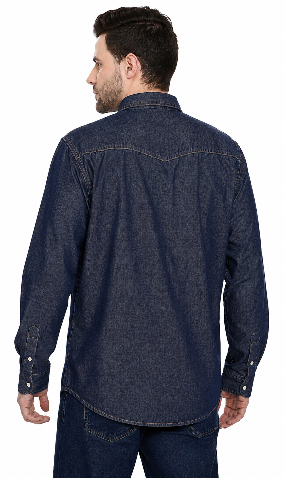 Men's western snap button shirt in denim and twill with stitched yoke and chest pockets