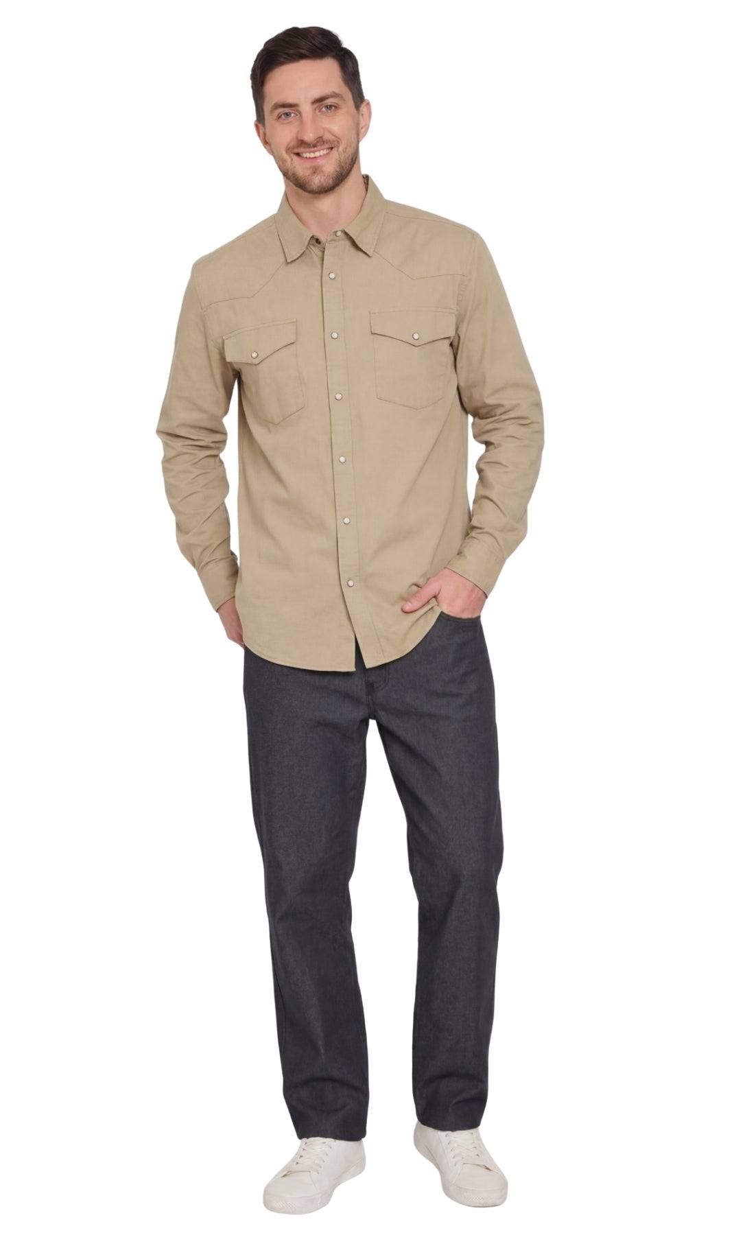 Men's western snap button shirt in denim and twill with stitched yoke and dual chest pockets