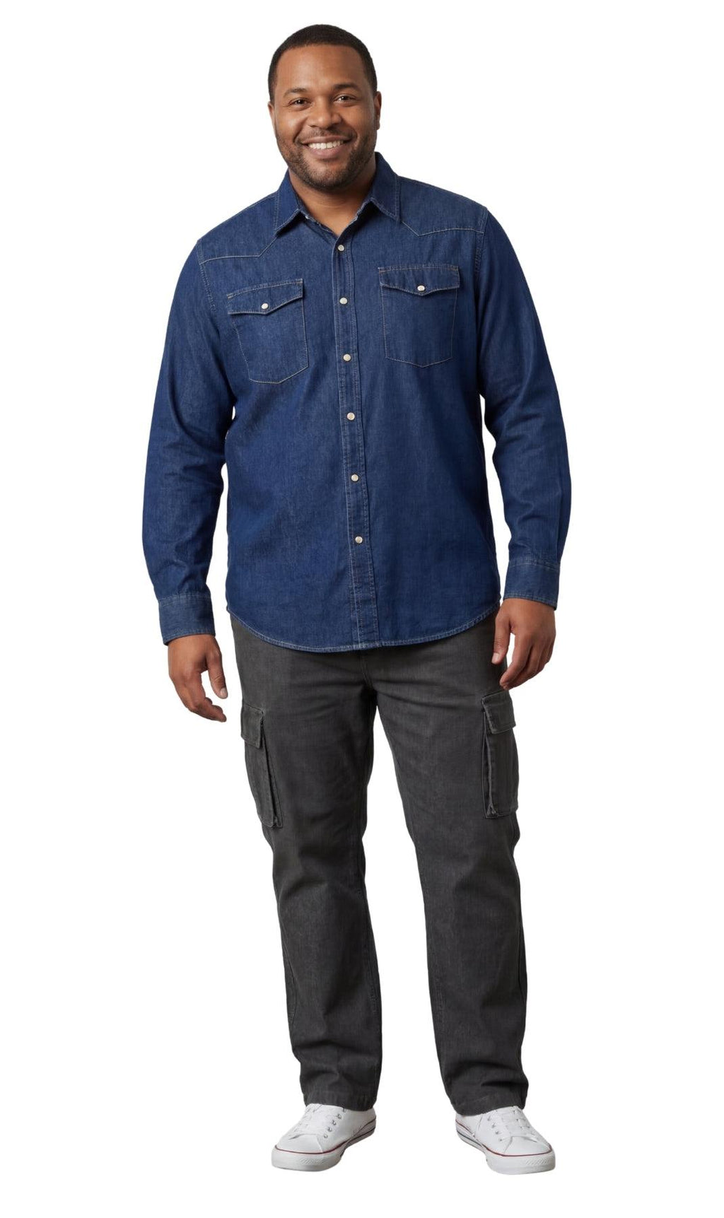 Men's western snap button shirt in denim and twill with stitched yoke and dual chest pockets