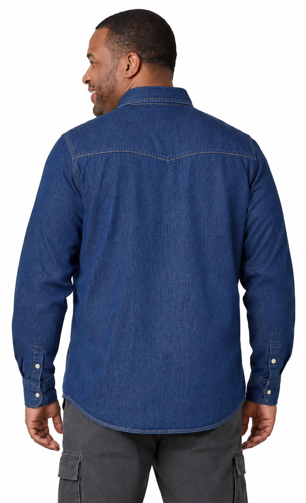 Men's western snap button shirt in denim and twill with stitched yoke and dual chest pockets