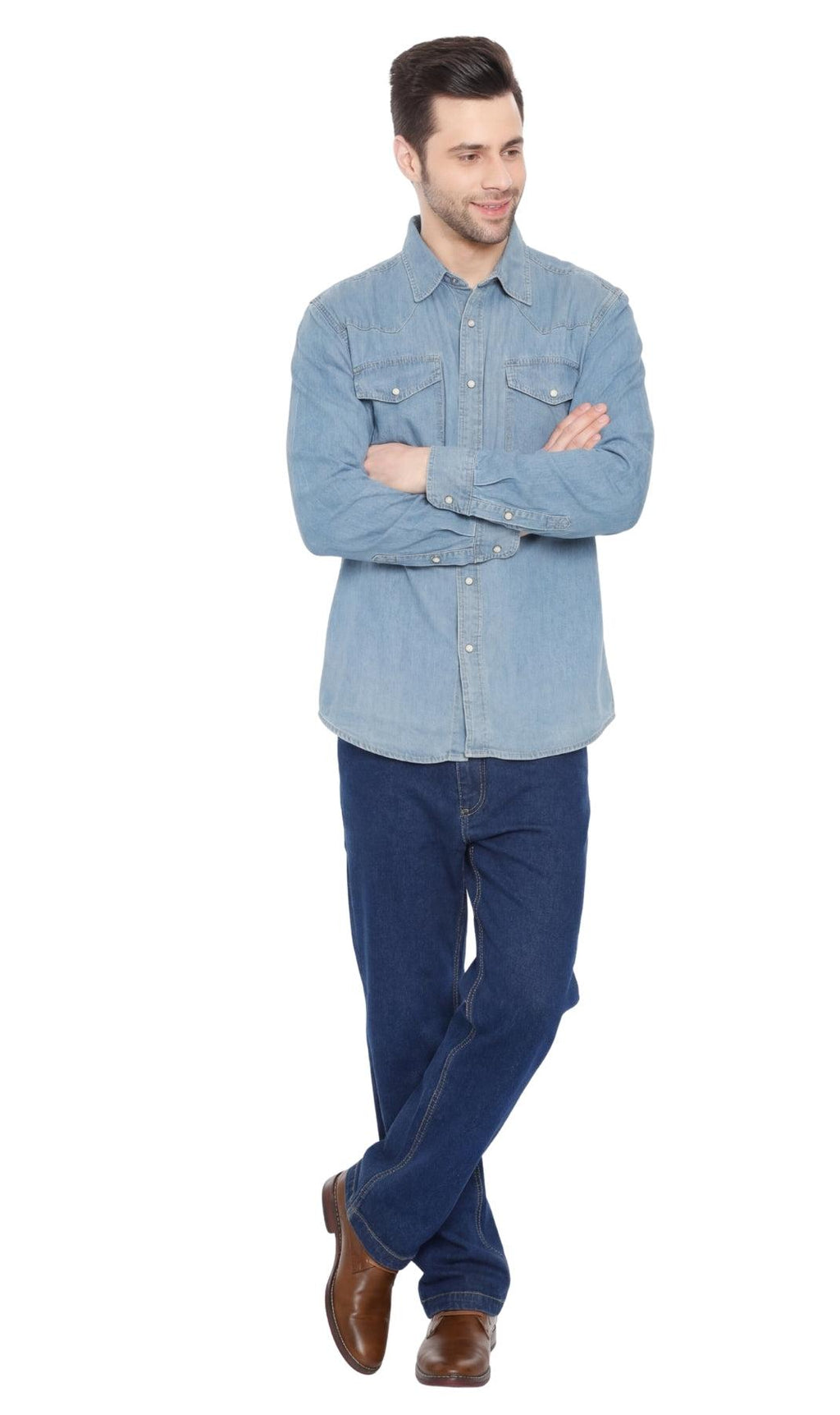 Men's western snap button shirt in denim and twill with stitched yoke and dual chest pockets