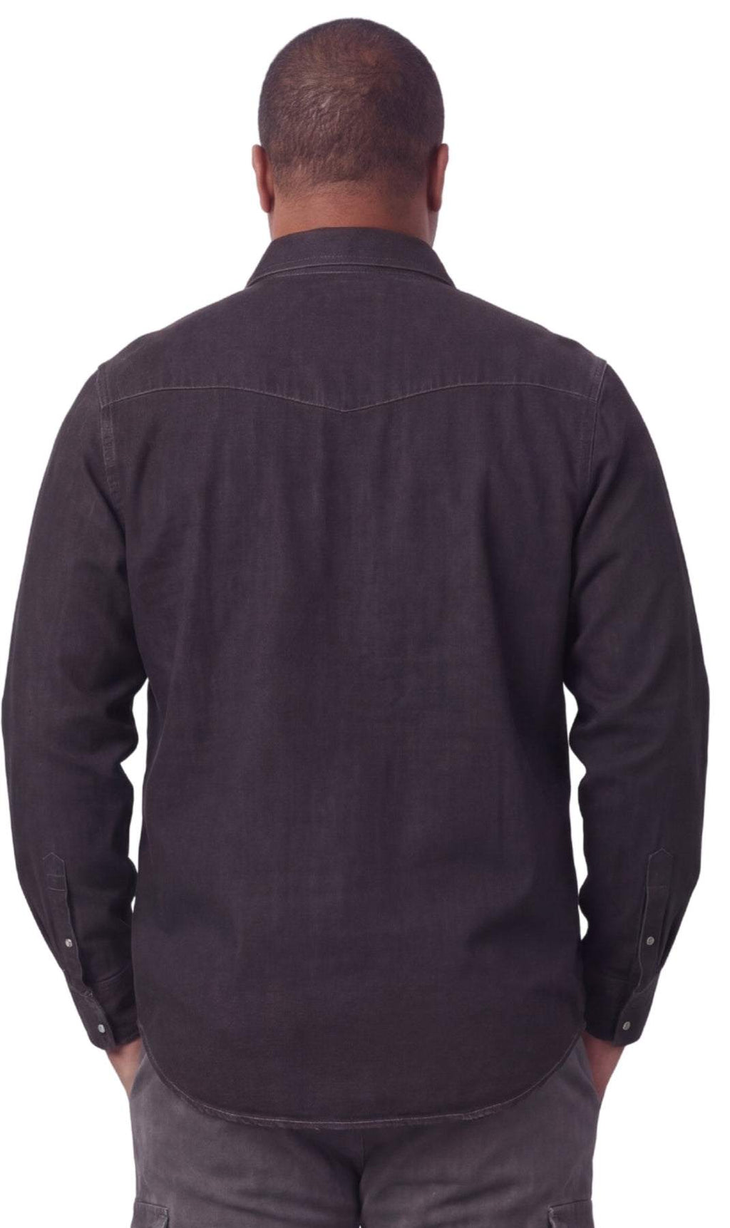 Men's Western snap button shirt in denim and twill with stitched yoke and snap closures