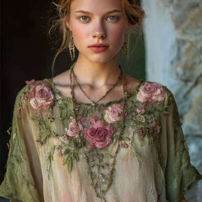 Vintage roses gradient linen blouse with soft rose pattern and relaxed fit