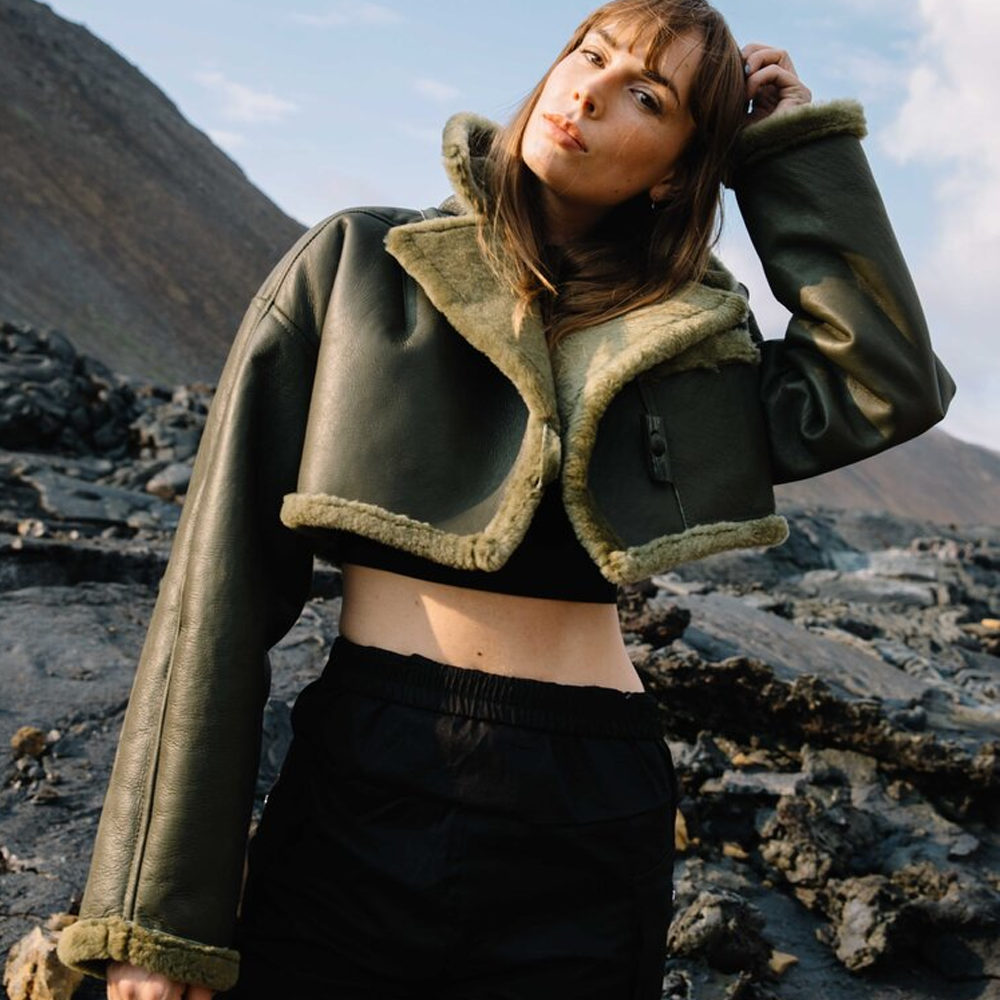 Green Women Aviator Flight Bomber Cropped Shearling Sheepskin Leather Jacket