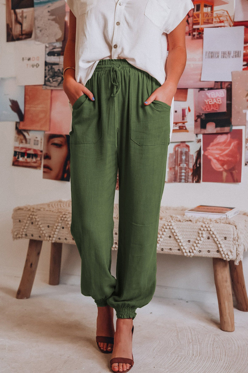 Womens high-waisted comfortable cinched bottom linen pants in various colors with breathable fabric and relaxed fit