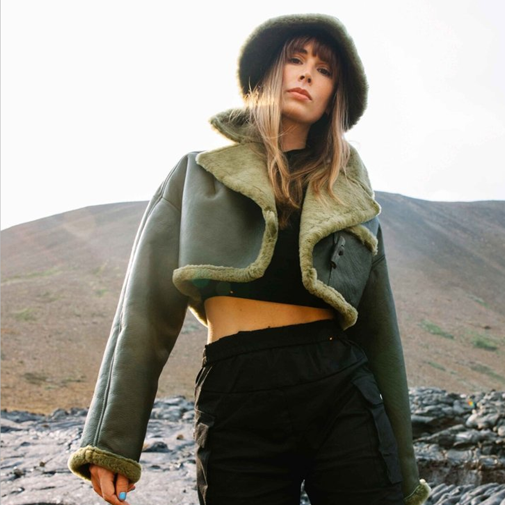 Green Women Aviator Flight Bomber Cropped Shearling Sheepskin Leather Jacket