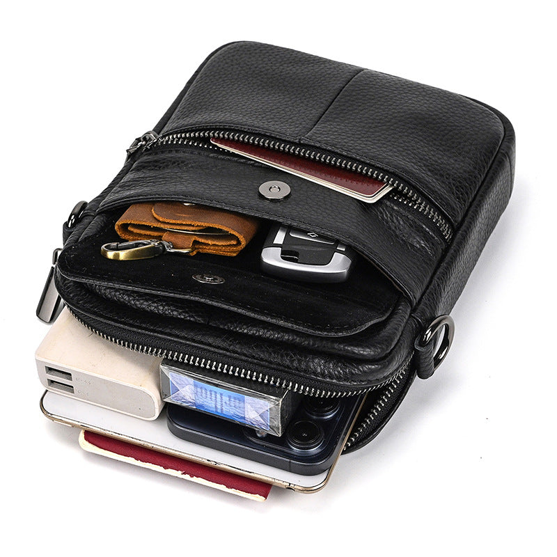 mens genuine leather cowhide crossbody bag in black with cotton lining and retro design