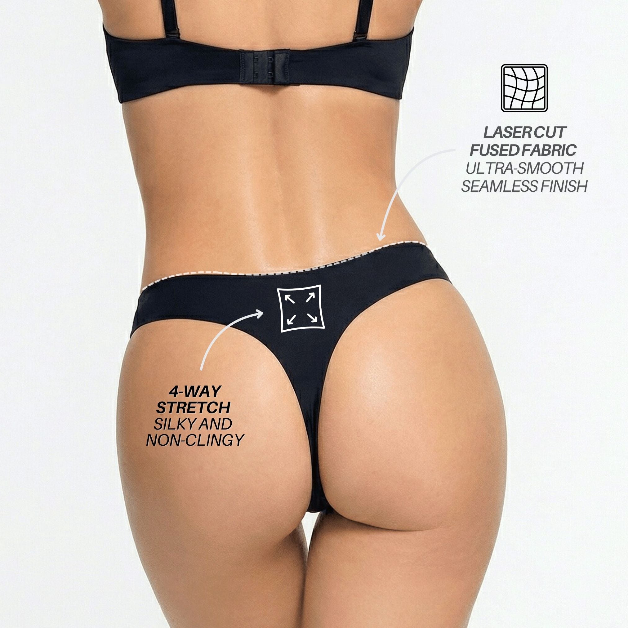 Seamless INVISIBLE Thong in camel color, laser-cut edges, anti-microbial, no visible panty lines, mid-rise stretchy fabric, anti-camel-toe design, modeled on 5'4" person wearing size M