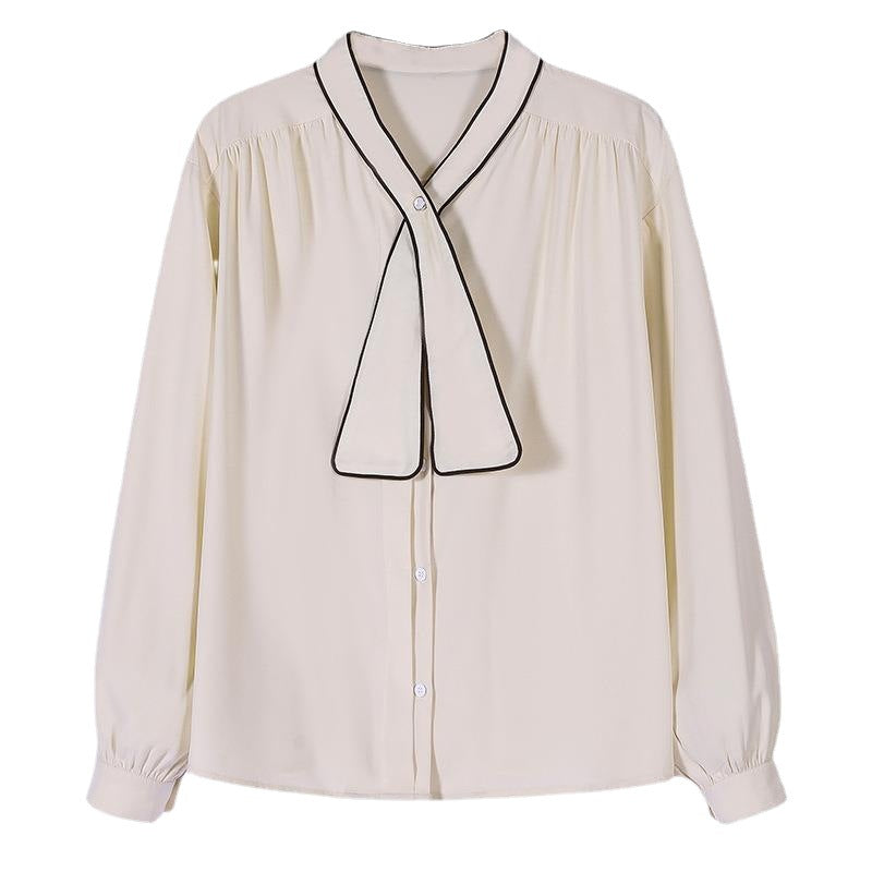 Apricot niche retro loose chiffon blouse with navy collar and long sleeves on model