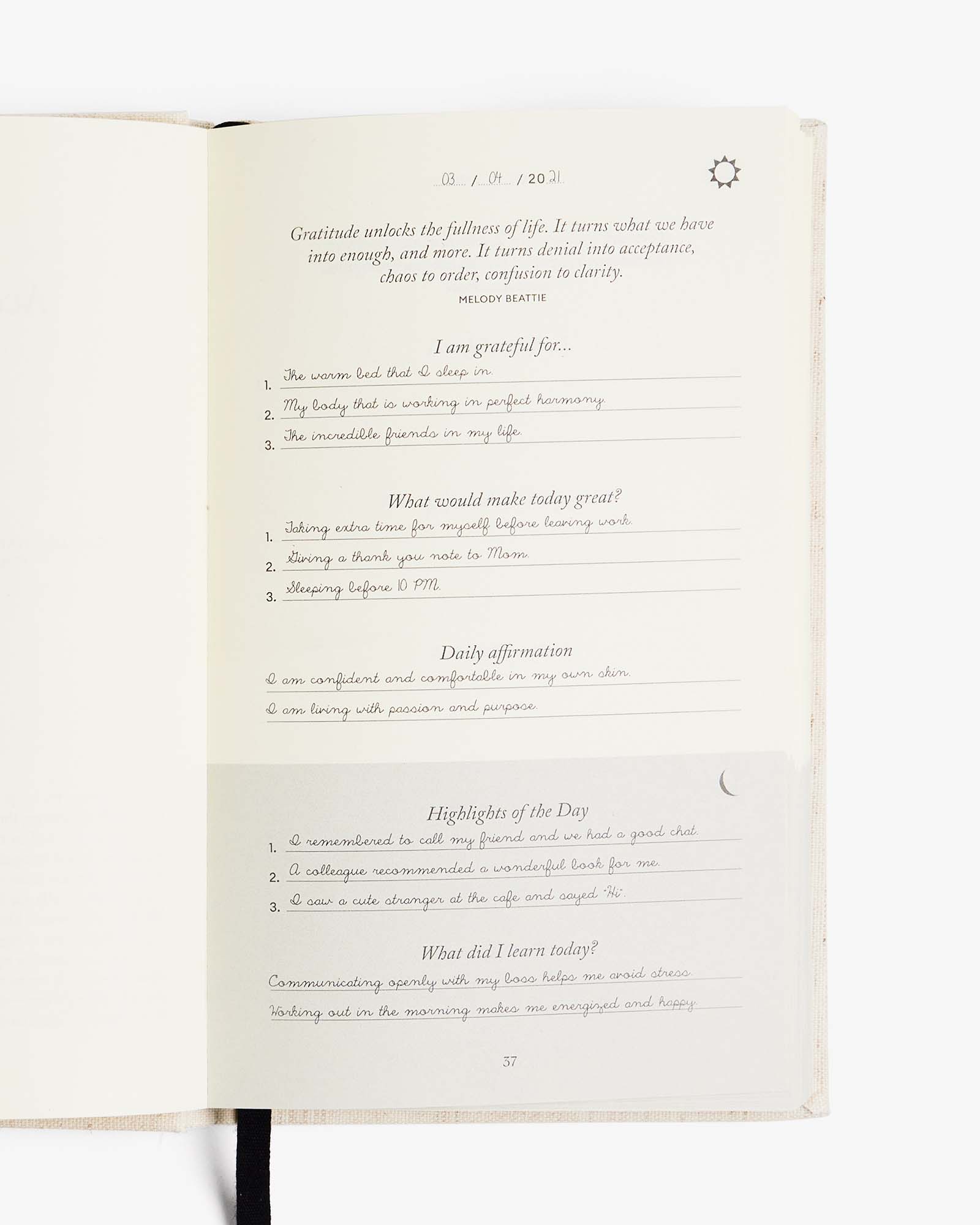 The Five Minute Journal Original Linen cover with lay-flat binding and textured exterior.