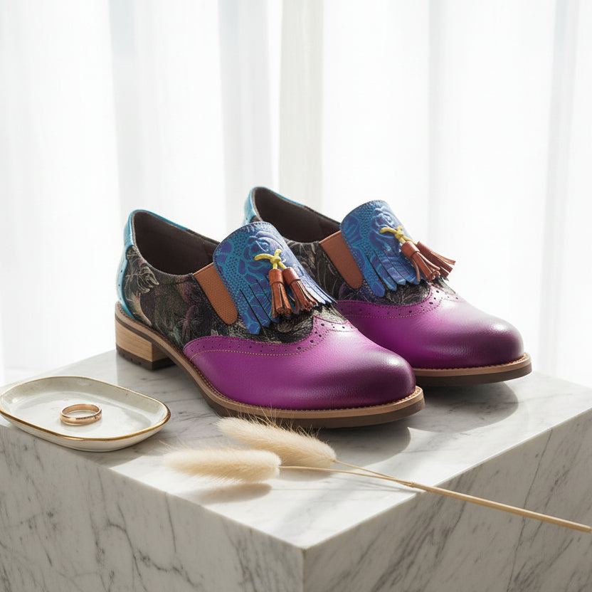 Bohemian Painted Baroque Genuine Women's Cow Leather Artisan Wingtips With Tassel