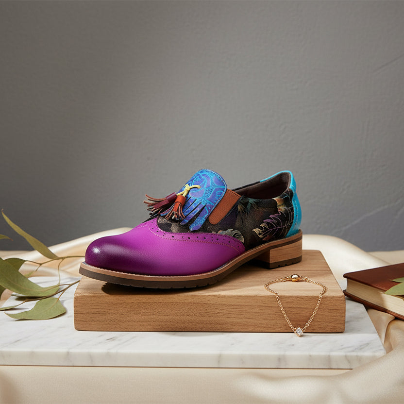 Bohemian Painted Baroque Genuine Women's Cow Leather Artisan Wingtips With Tassel
