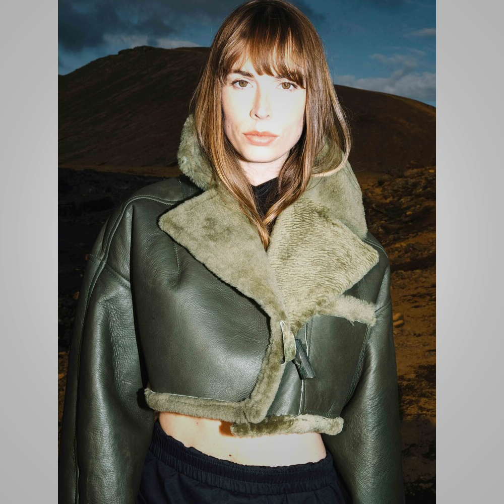 Green Women Aviator Flight Bomber Cropped Shearling Sheepskin Leather Jacket