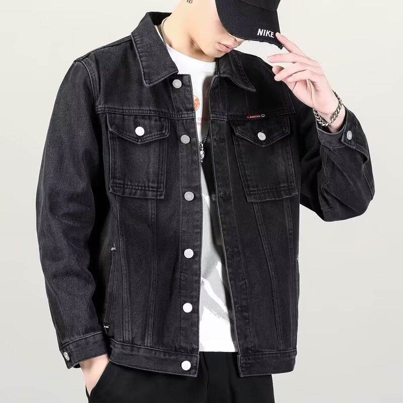 Mens stylish vintage distressed denim jacket in charcoal gray, cotton fabric, long sleeves, and classic fit.