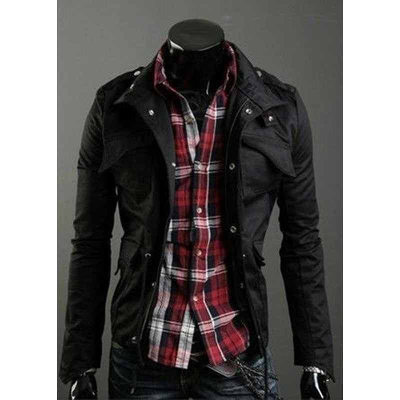 Modern military jacket slim fit lightweight windproof canvas winter coat on model outdoors