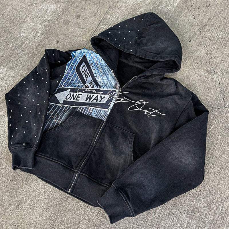 Men's black printed cartoon letter-printed hooded loose-fitting sweatshirt with long sleeves and relaxed streetwear style