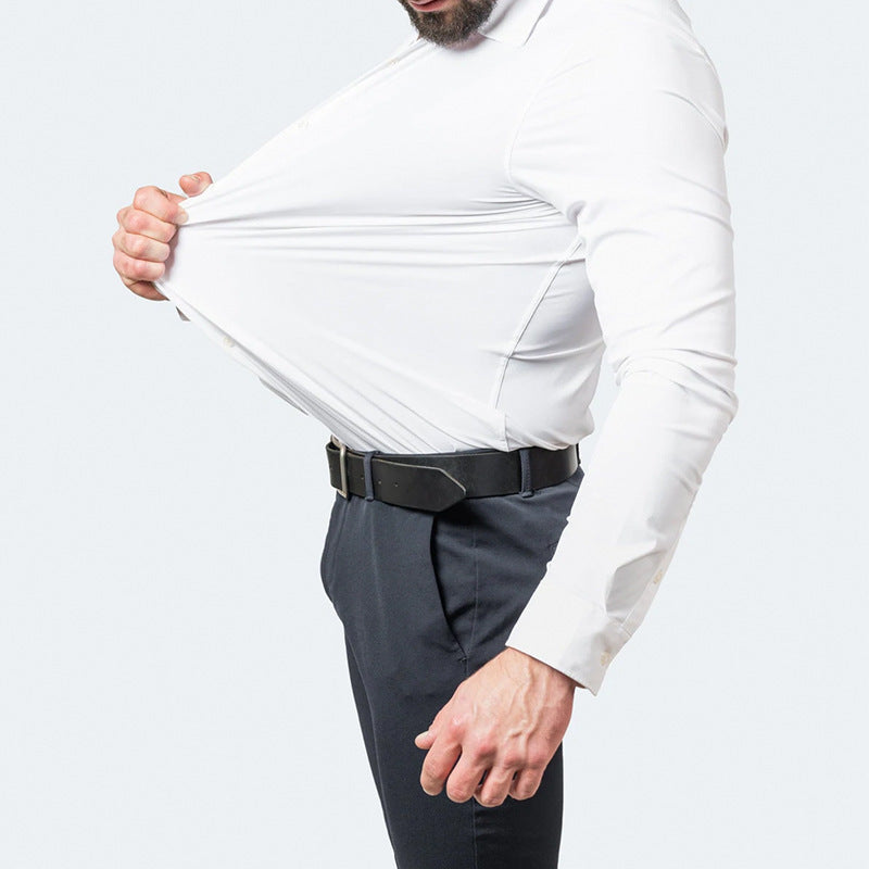 Man wearing four-way stretch wrinkle-resistant lightweight mens non-iron office shirt