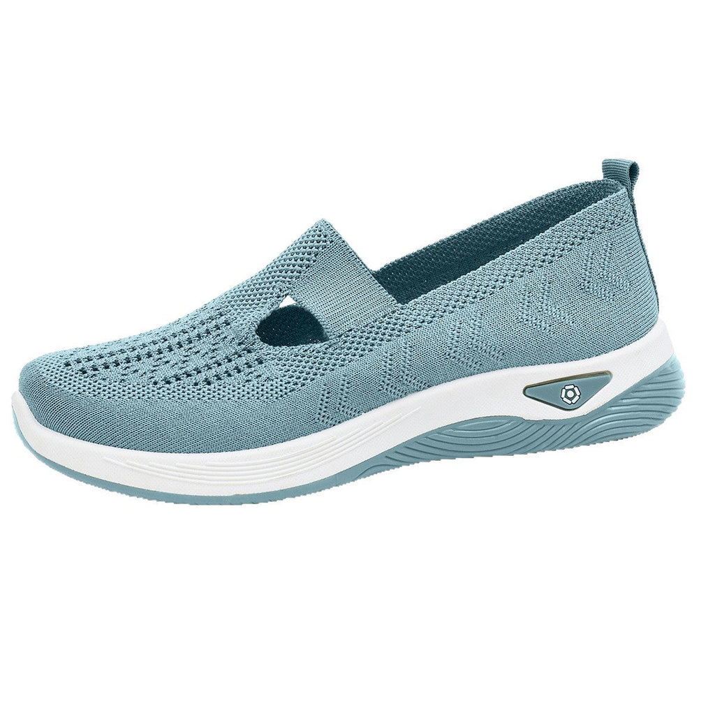 Breathable thread mesh lightweight women's summer footwear with flyknit upper and zero heel profile