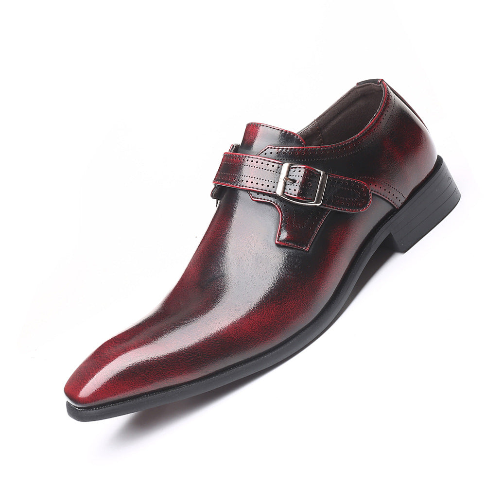 Men's business casual vegan leather shoes with horsebit buckle and patchwork design