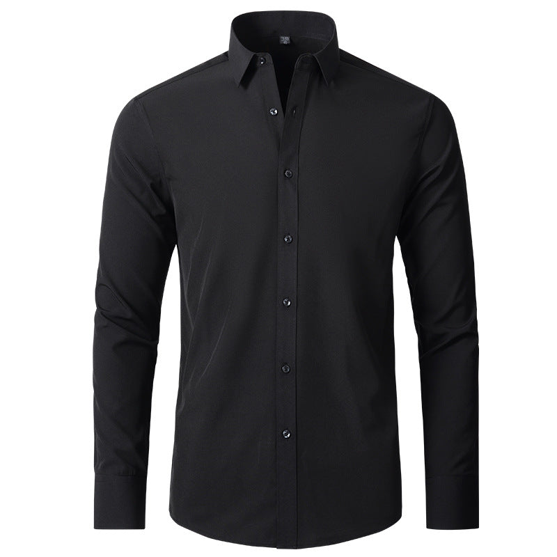 Man wearing four-way stretch wrinkle-resistant lightweight non-iron men's shirt in office setting
