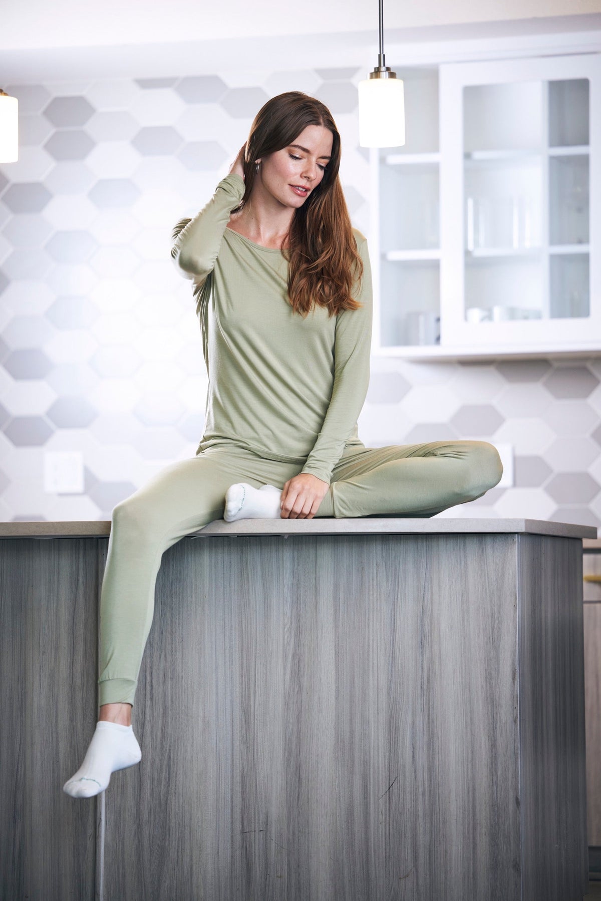 Women's bamboo lounge set with long sleeve t-shirt and jogger pants made from moisture-wicking organic bamboo fabric.