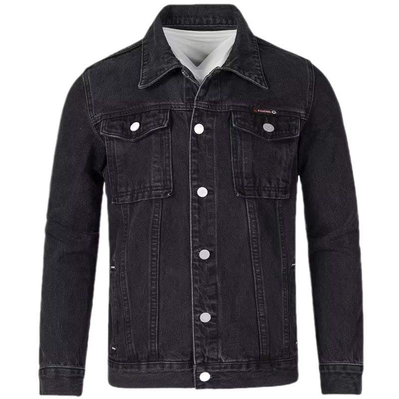 Men's slim fit denim jackets in two colors with structured cotton exterior and partial lining for urban wear