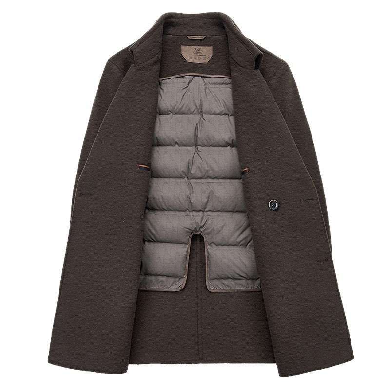 Men's double-sided wool overcoat with suit collar and mid-length cut in brown and dark gray