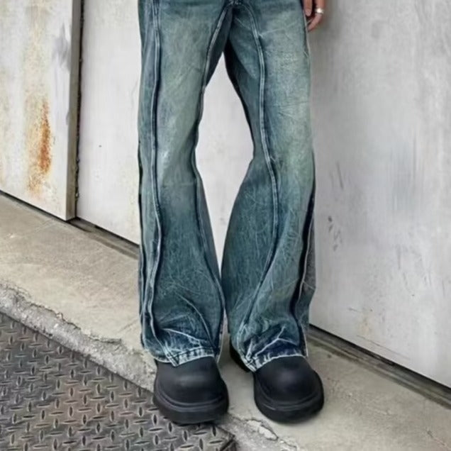 Mens American-style unique stitch chunky denim shoe on white background